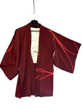 Vintage Japanese Haori Burgundy Silk Feel Kimono Jacket Orange Gold Design Handm